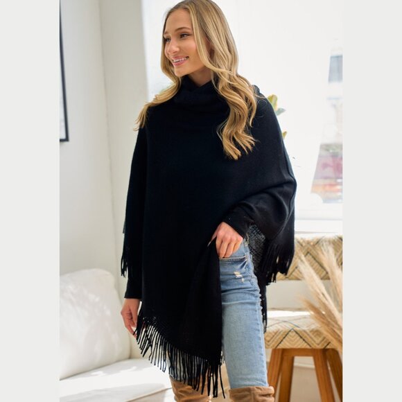 ON BLUE Black Light Weight Cowl Neck Poncho - Picture 11 of 16